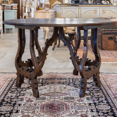 Italian Carved Sculptural Walnut Center Table – Formed By Pair of Demilune Consoles