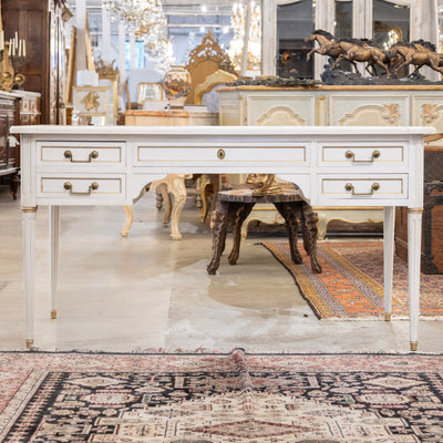 Louis XVI White Painted Desk with Gold Trim – Brown Leather Top & Slide-Out Panels