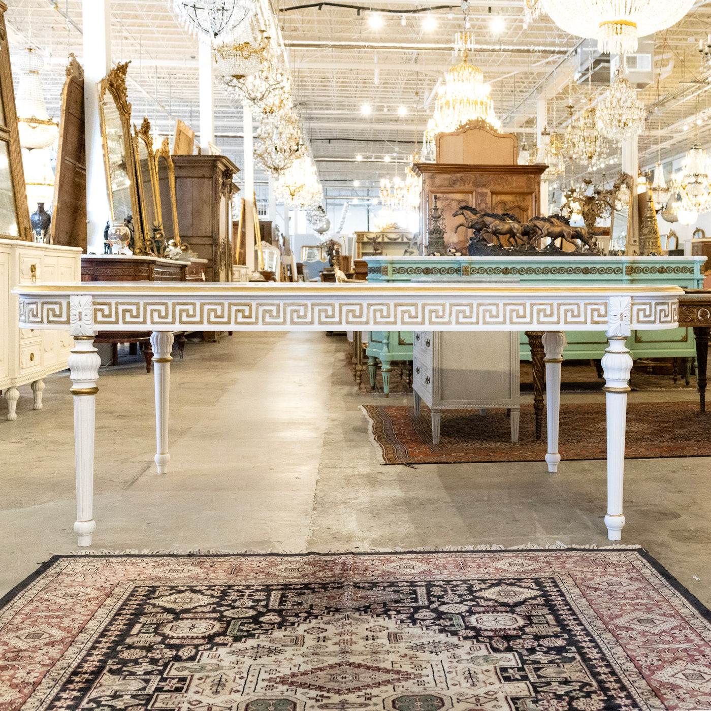 Swedish White Oval Dining Table – Gilded Greek Key Apron & Rounded Leg ...