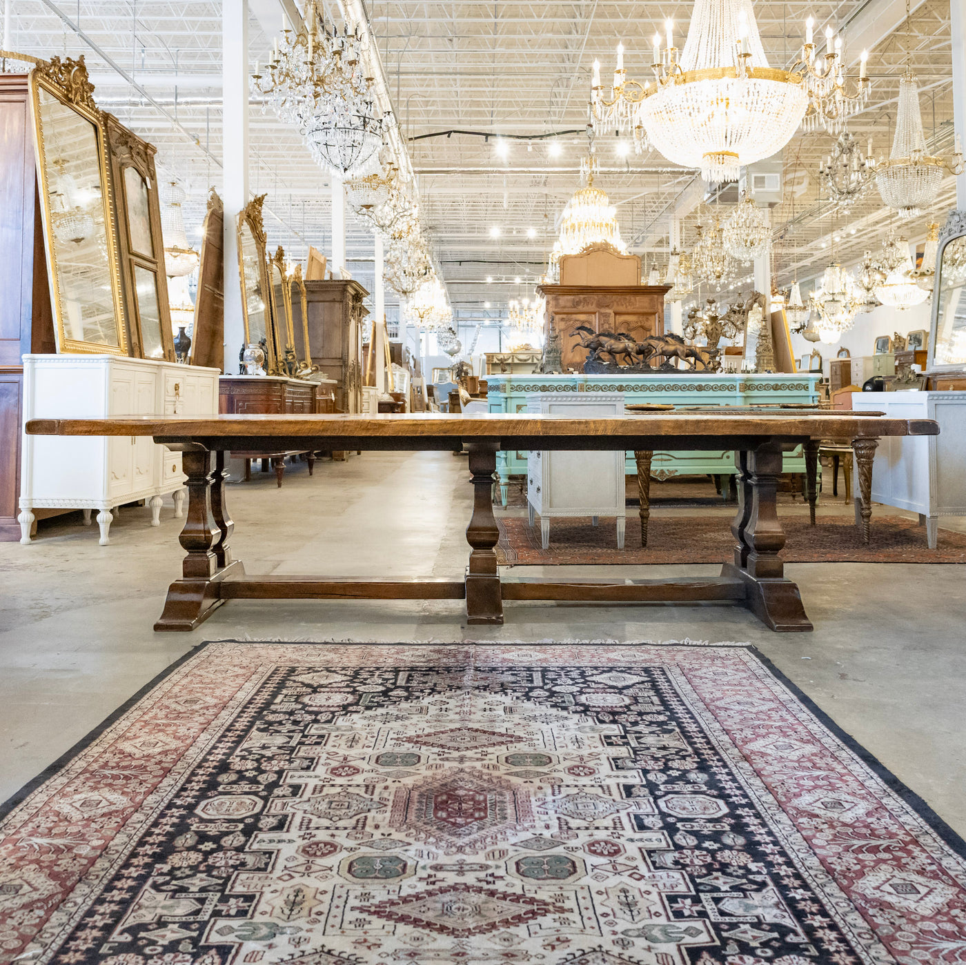 Farmhouse Dining Table – Rustic Dark Wood With Trestle Base – Le Chateau