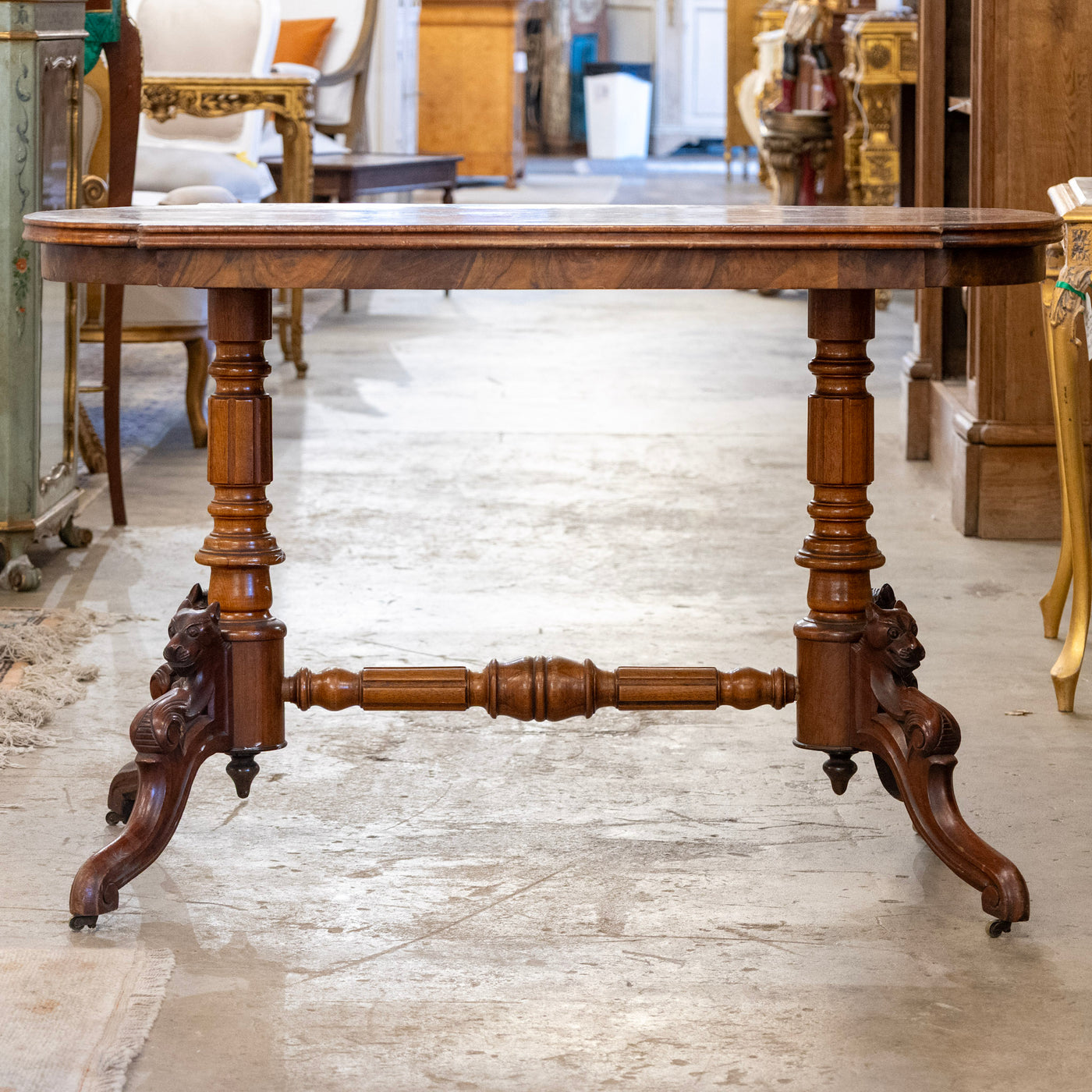 French Wood Center Table – Burl Wood Top & Carved Lion Legs on Casters
