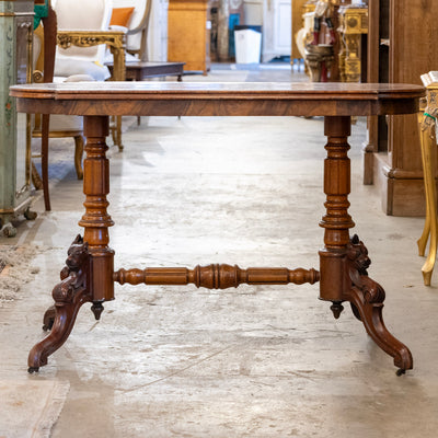 French Wood Center Table – Burl Wood Top & Carved Lion Legs on Casters