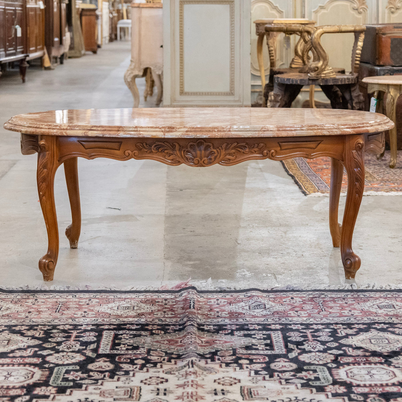 Louis XV Carved Wood Coffee Table –  Red Breccia Marble Top