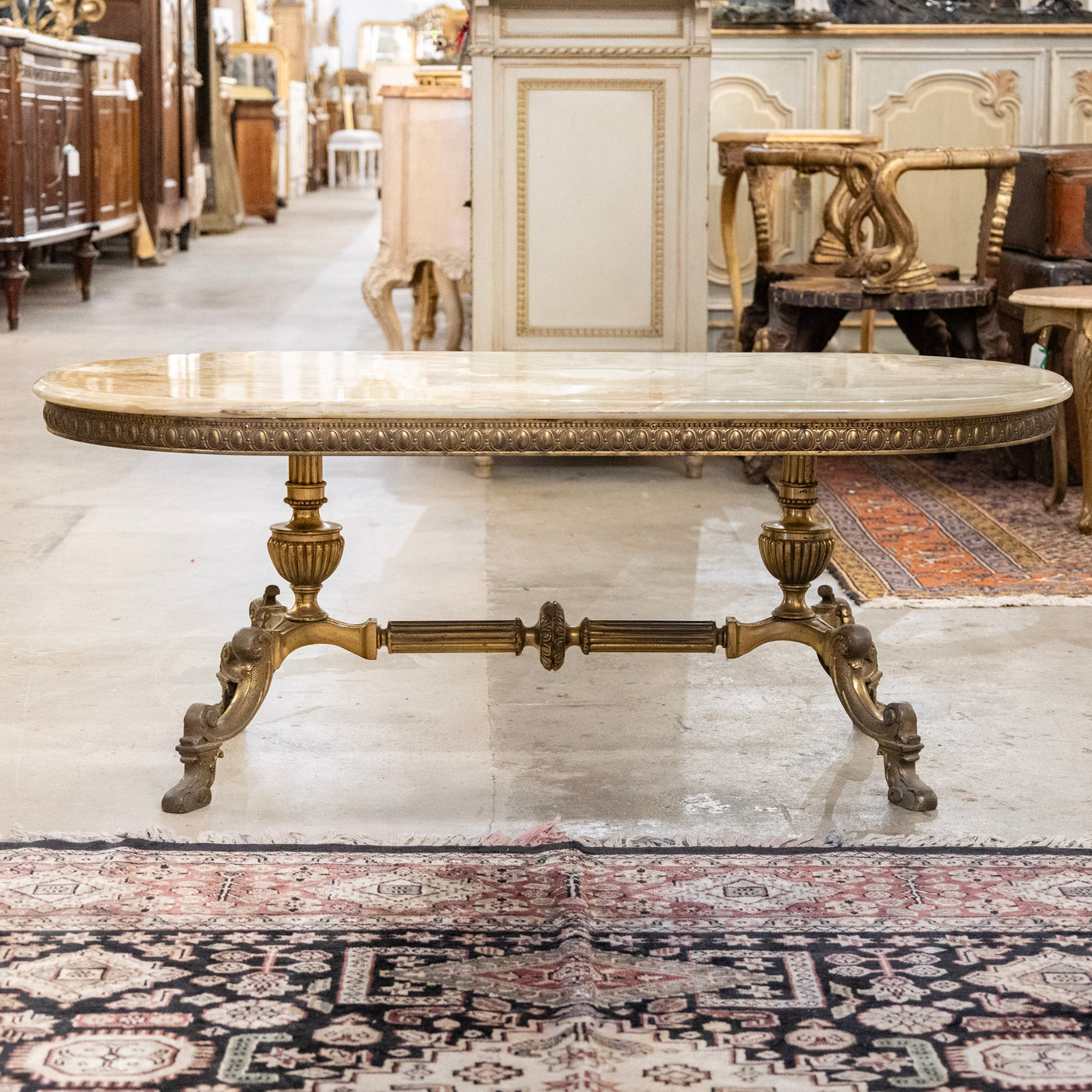 French Brass Oval Coffee Table – Green Onyx Top