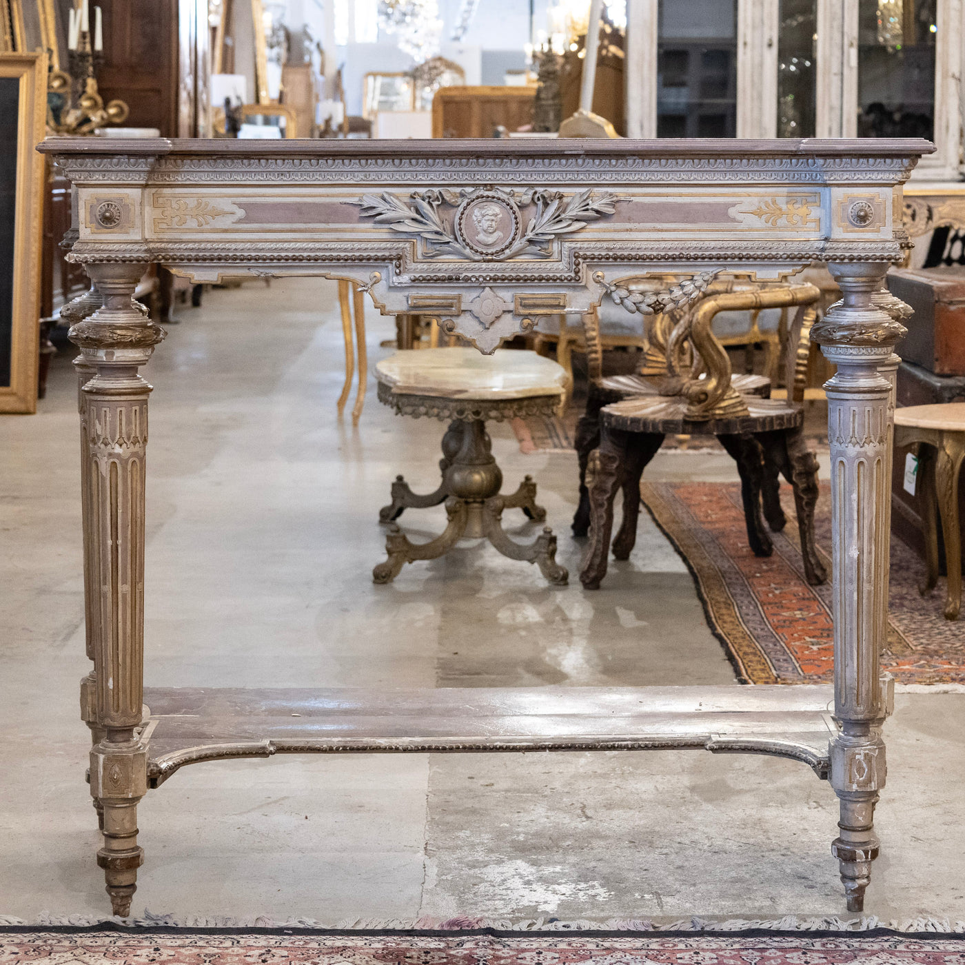 Louis XVI Painted Console Table – Carved & Medallion Details