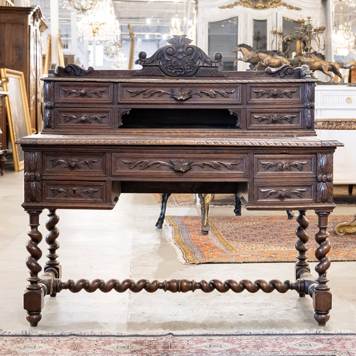 French Barley Twist Desk – Carved Ornate Detailing in Dark Wood