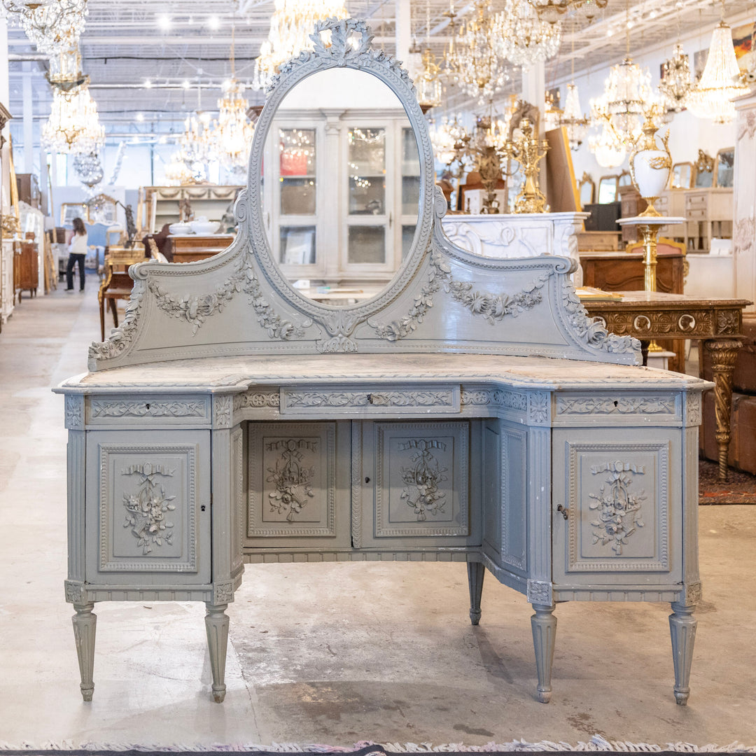 shabby chic dressing table grey French Demilune Vanity with Oval Mirror – Floral Carvings & Original Fabric Style_MIDI