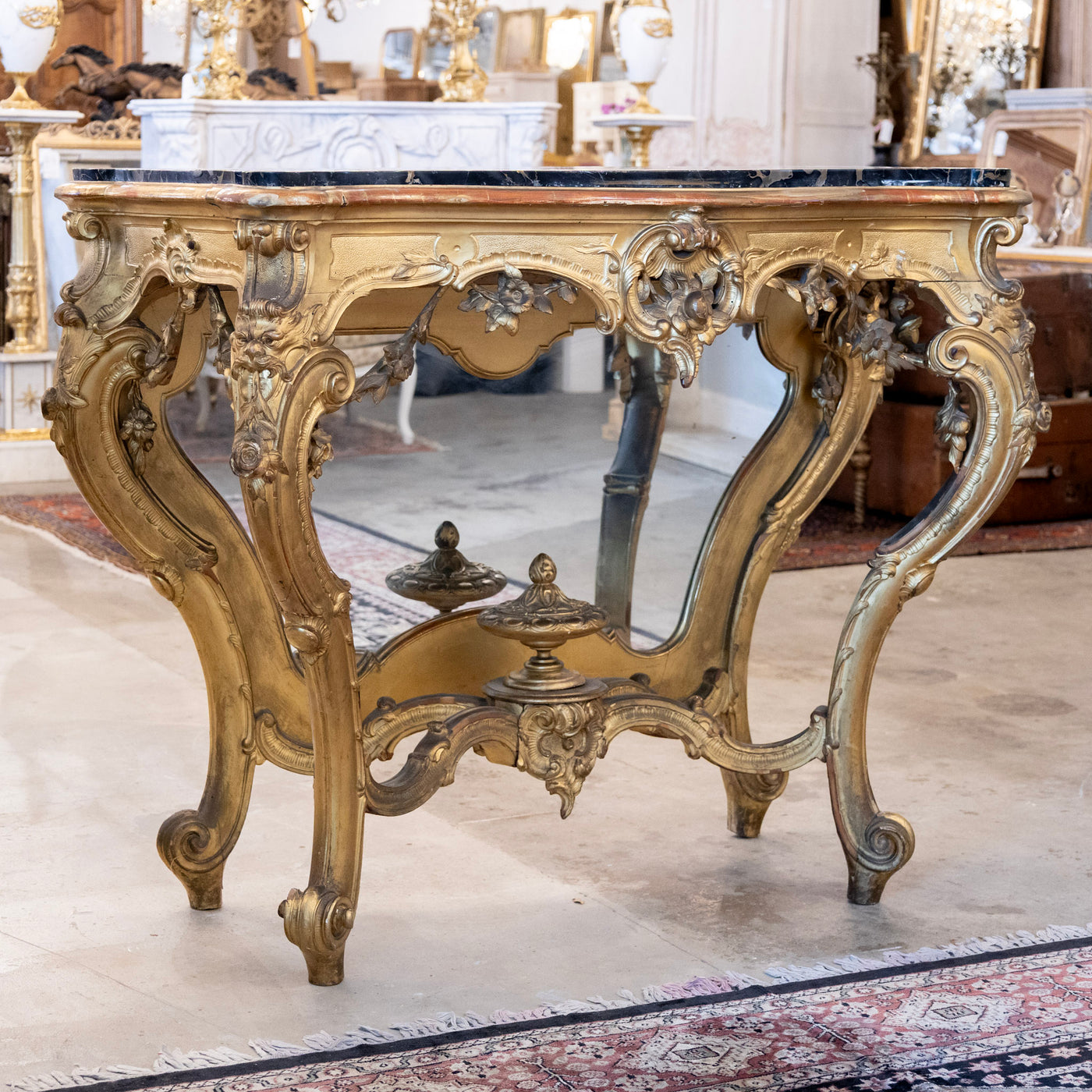 Louis XV Ornate Gilded Console Table – Black Marble Top – Le Chateau