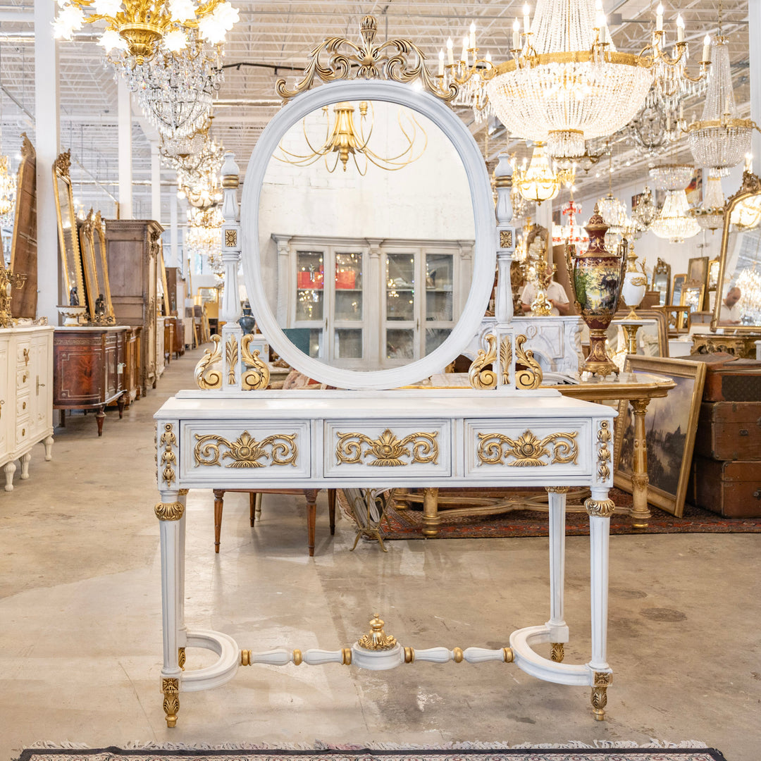 dressing table white gold French Vanity with Oval Mirror White with Gold Scroll Carvings