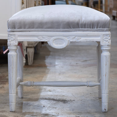Louis XVI Stool – Carved White Frame & Grey Velvet Seat