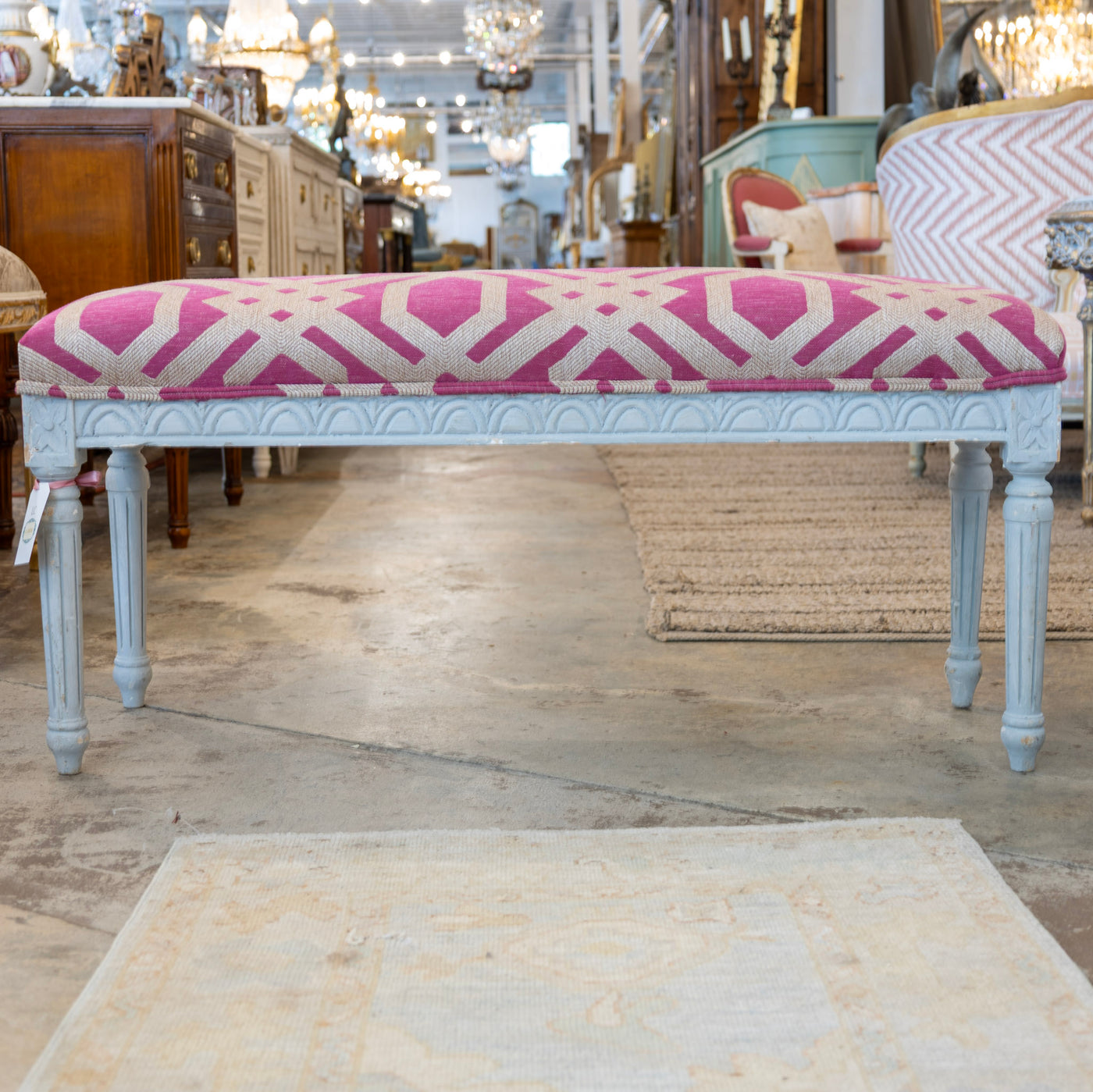 Louis XVI Grey Bench – Pink Patterned Upholstery