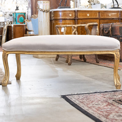 Louis XV Bench – Gold Trim & Cabriole Legs in French Grey Velvet