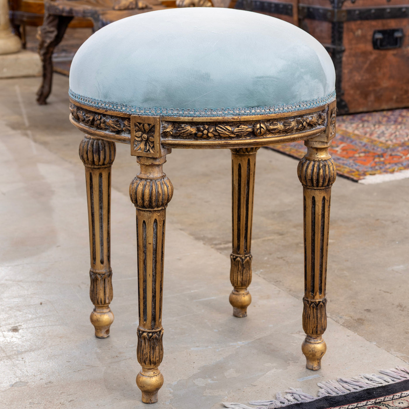 Louis XVI Carved Gold Stool – Baby Blue Velvet Upholstery & Ballerina Legs
