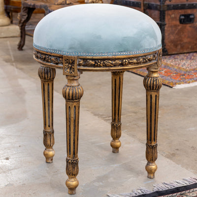 Louis XVI Carved Gold Stool – Baby Blue Velvet Upholstery & Ballerina Legs