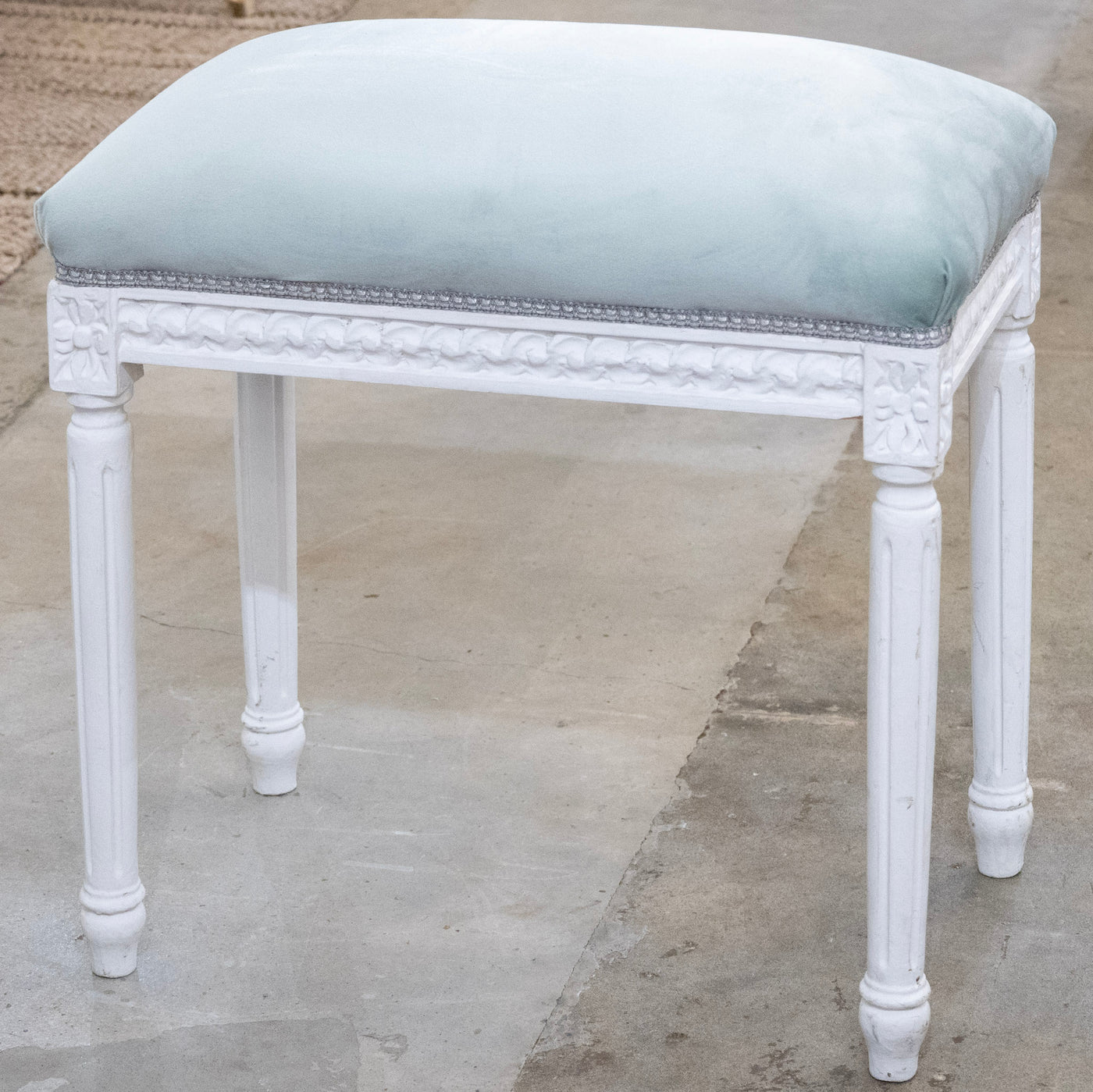Louis XVI White Carved Stool – Baby Blue Velvet Upholstery