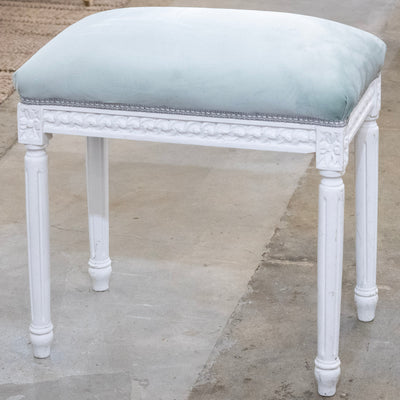 Louis XVI White Carved Stool – Baby Blue Velvet Upholstery