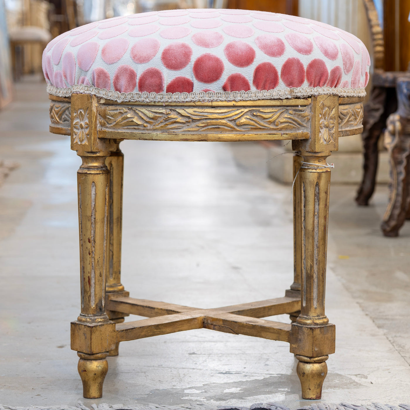 Louis XVI Stool – Gold Floral Detailing & Pink Polka Dot Upholstery