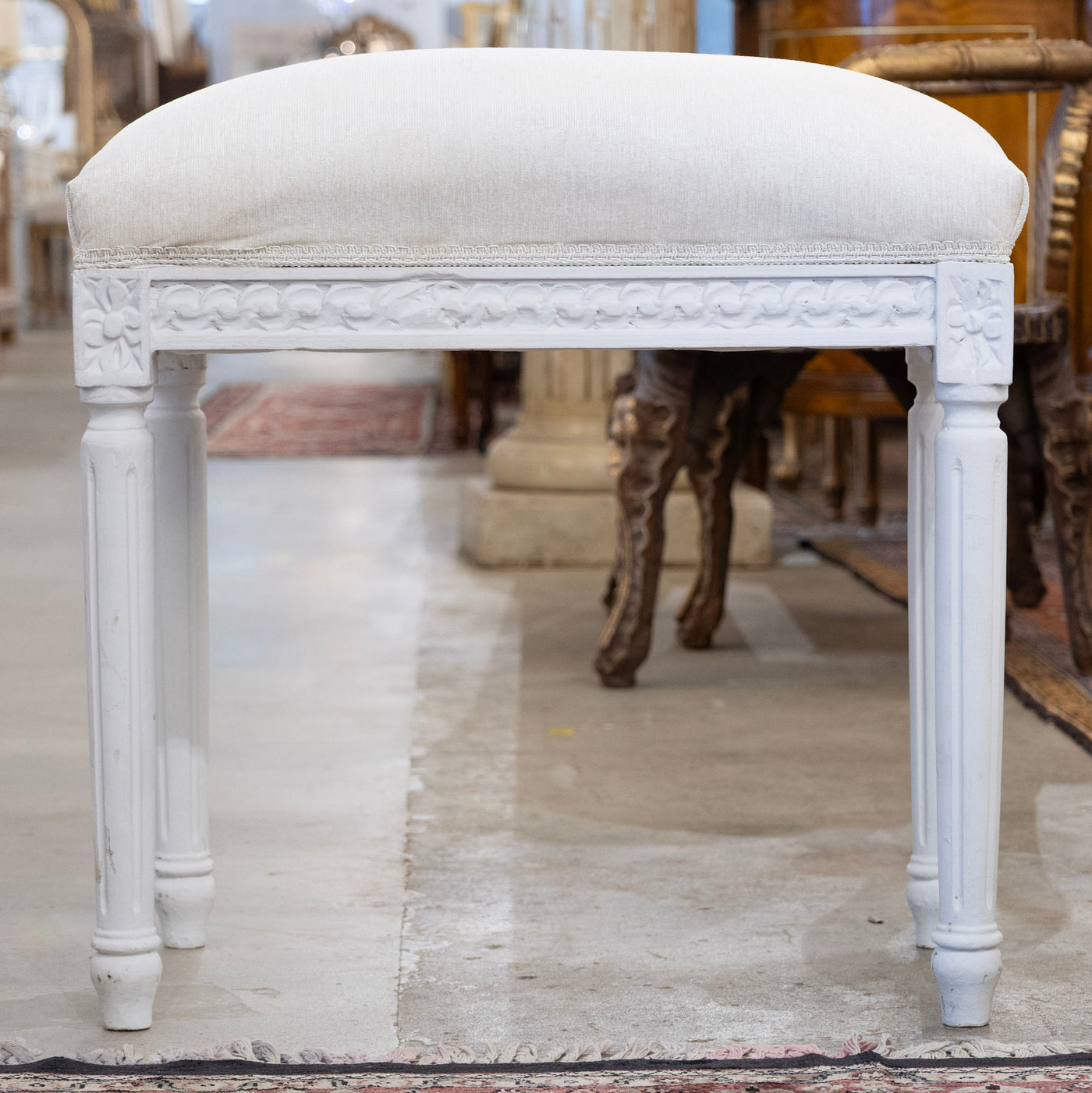 Louis XVI White Stool – Carved Trim & White Linen Upholstery