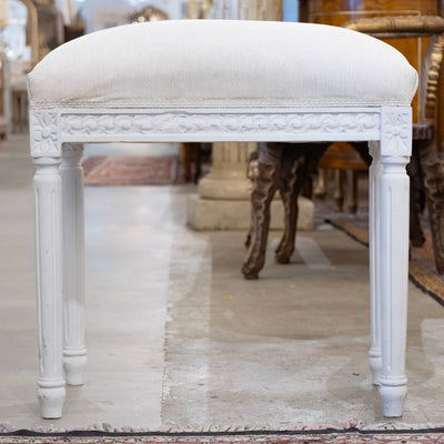 Louis XVI White Stool – Carved Trim & White Linen Upholstery