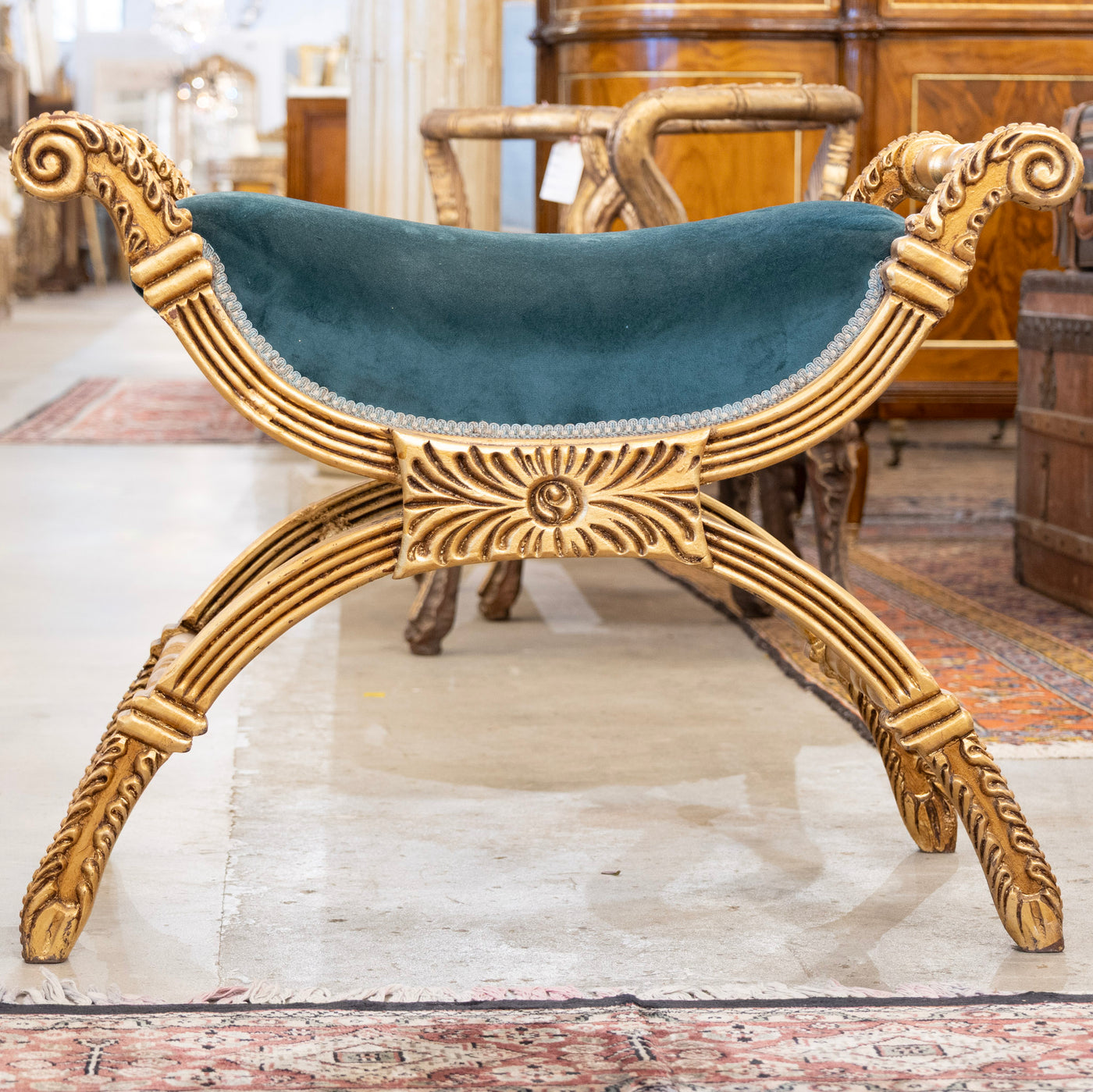 Boudoir Stool – Gold Carved Trim & Dark Green Velvet Upholstery