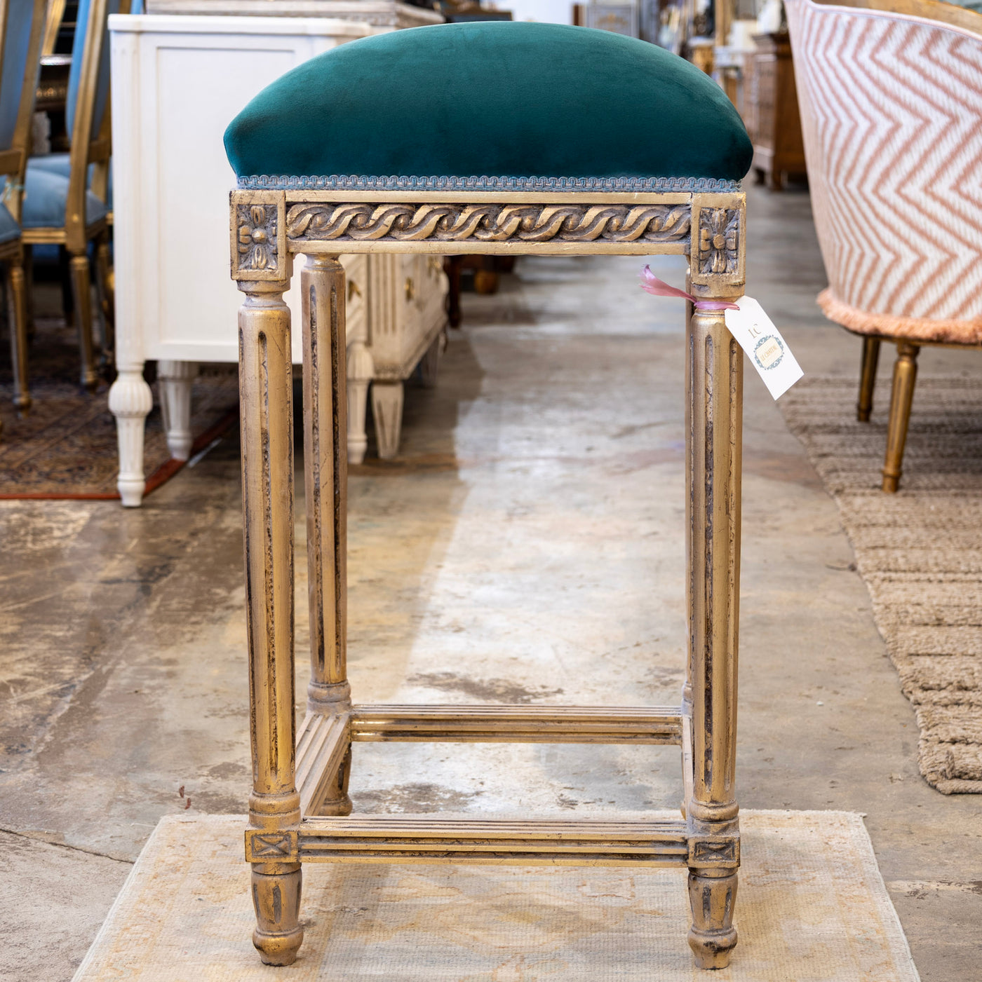 Louis XVI Gold Bar Stool – Carved Trim & Dark Green Velvet Upholstery