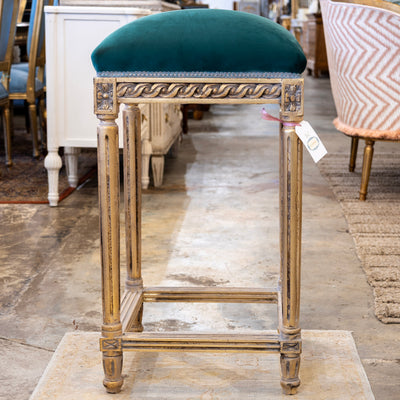 Louis XVI Gold Bar Stool – Carved Trim & Dark Green Velvet Upholstery