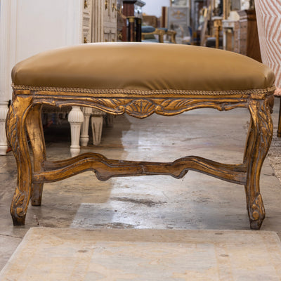 Louis XV Bench – Cabriole Legs & Leather Olive Upholstery