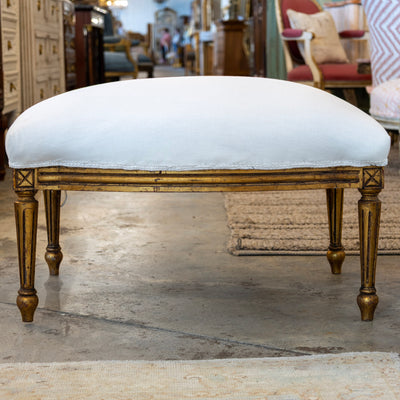 Louis XVI Gold Bench – Curved Trim & White Linen Upholstery