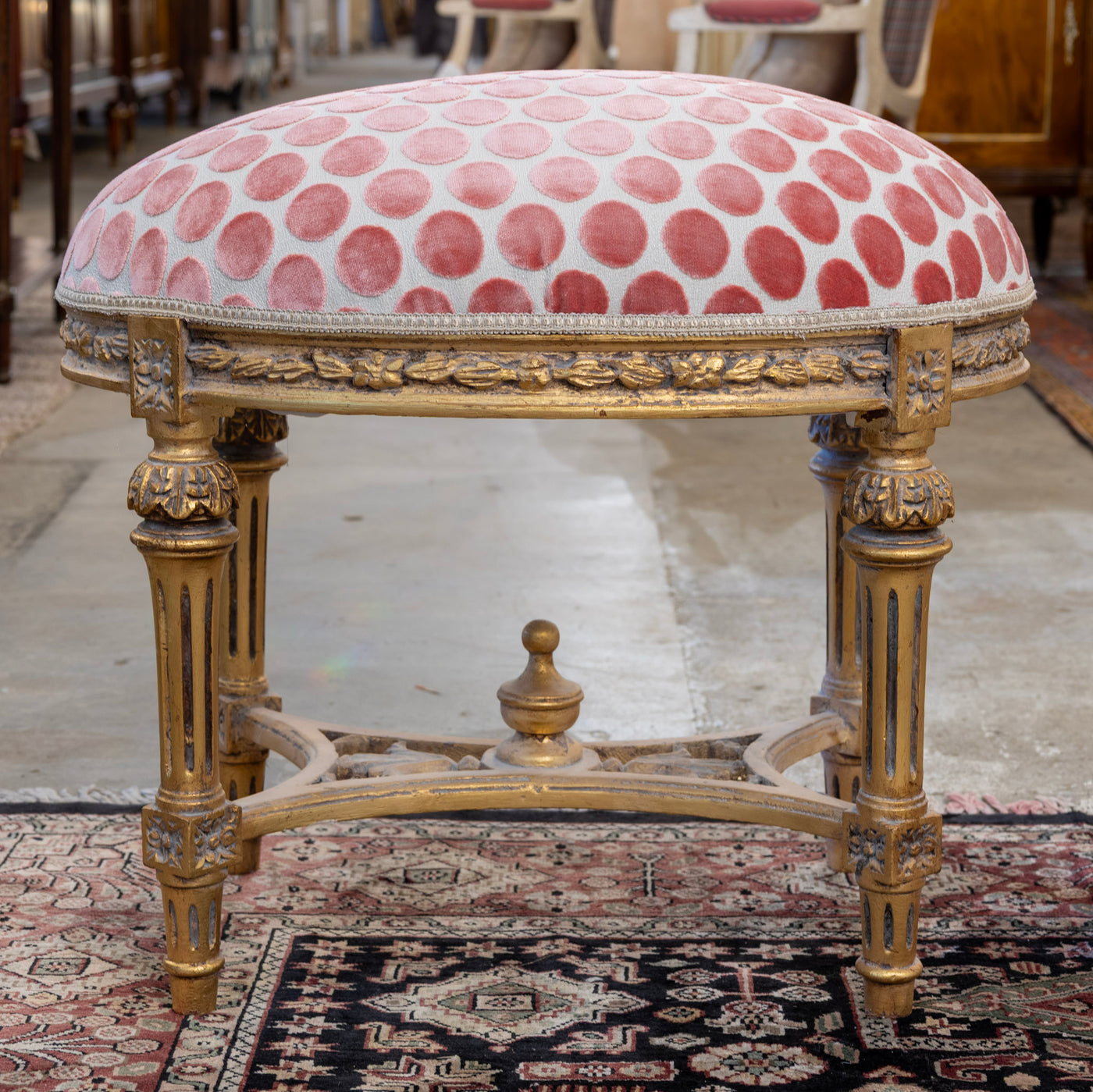 Louis XVI Gold Stool – Pink Polka Dot Velvet