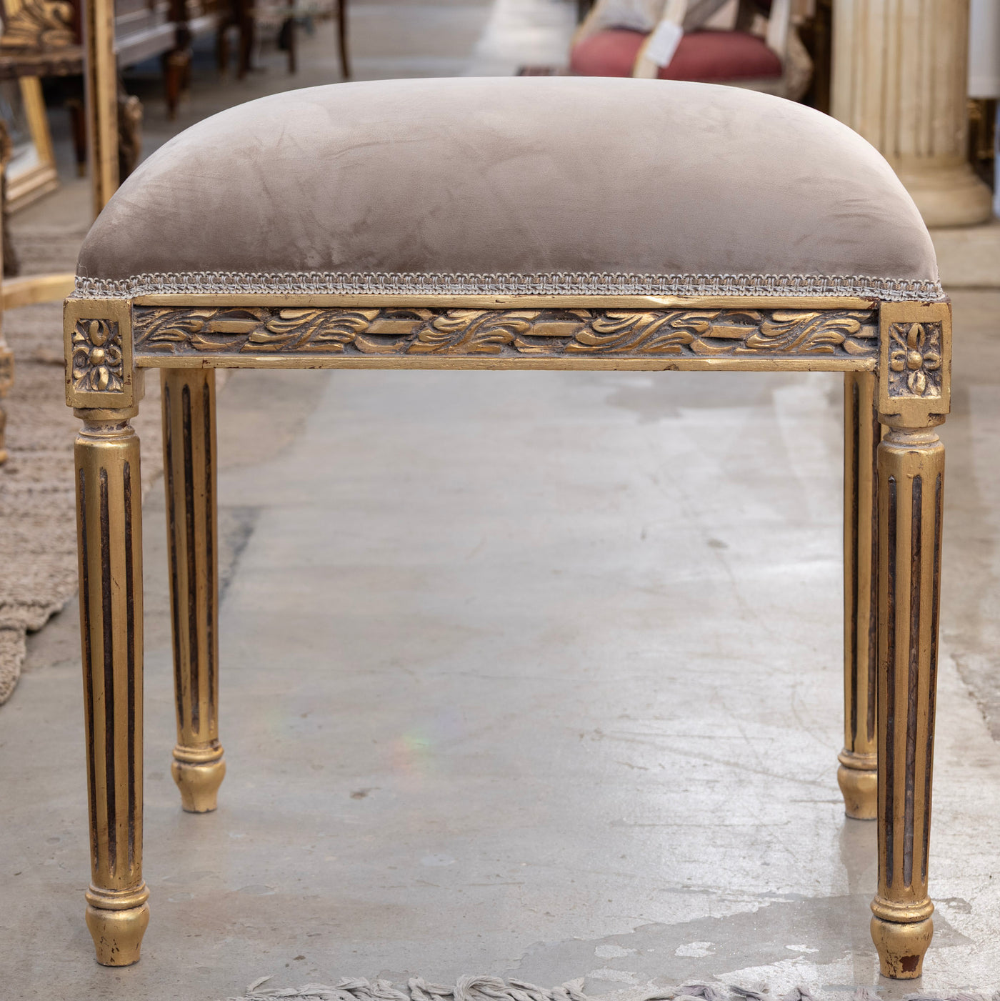 Louis XVI Gilded Stool – Carved with Taupe Velvet Upholstery