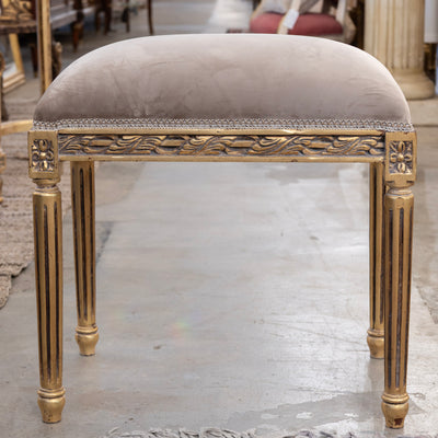 Louis XVI Gilded Stool – Carved with Taupe Velvet Upholstery
