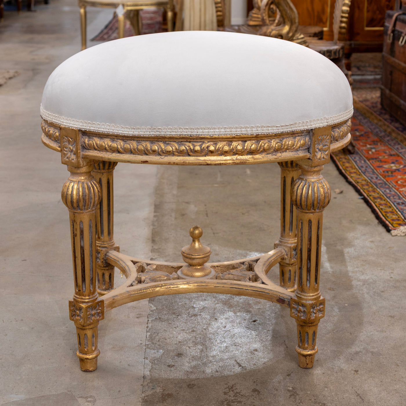 Louis XVI Gilded Round Stool – White Velvet Upholstery