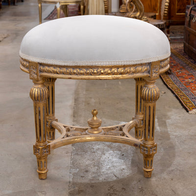 Louis XVI Gilded Round Stool – White Velvet Upholstery