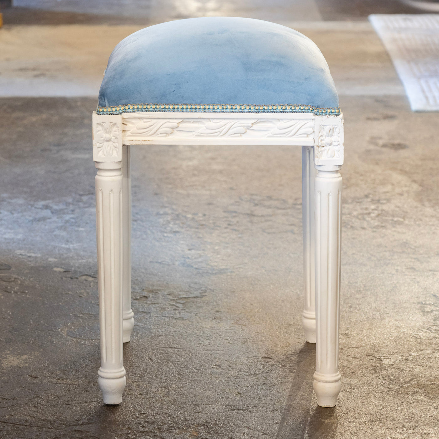 Louis XVI White Stool – Carved Trim & Baby Blue Velvet Seat