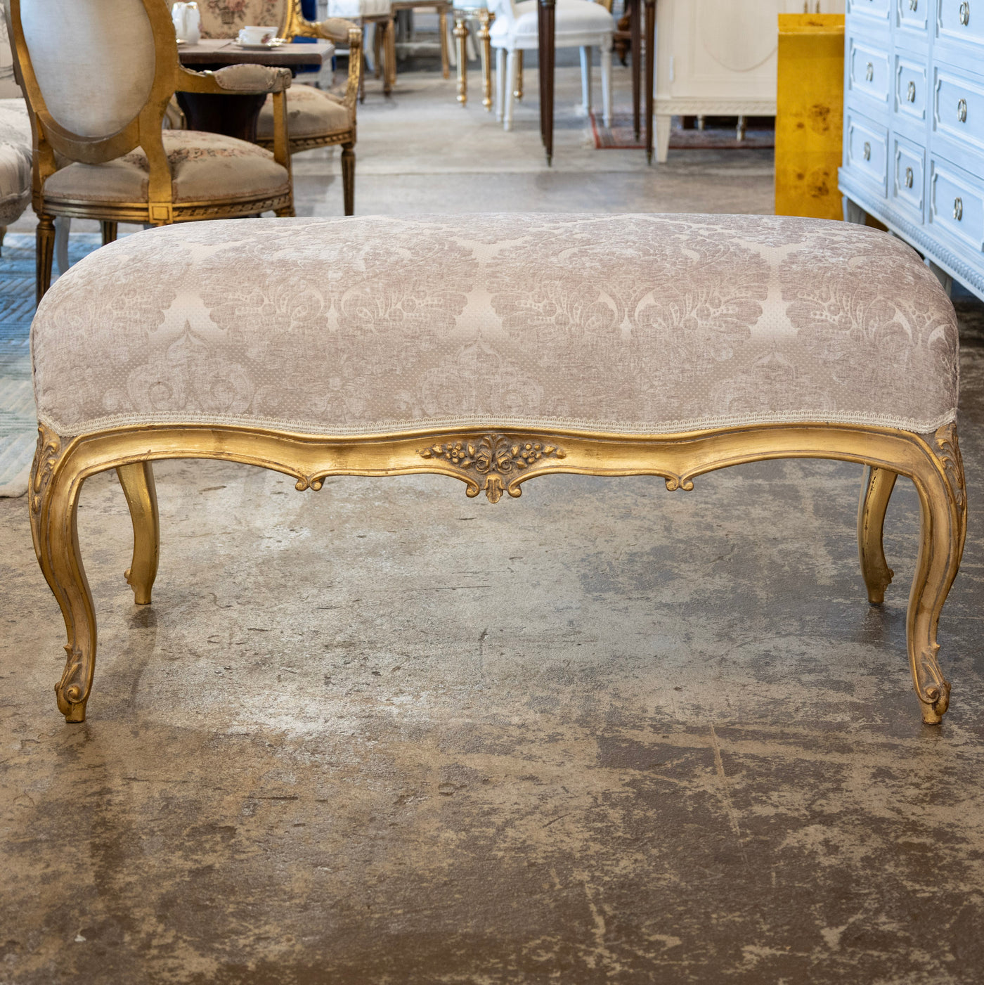 Louis XV Gilded Bench – Taupe Damask Upholstery