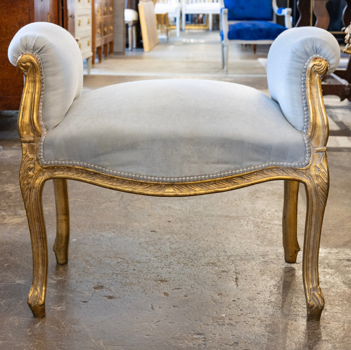 Louis XV Vanity Bench – Gilded Frame & Pale Blue Velvet Upholstery