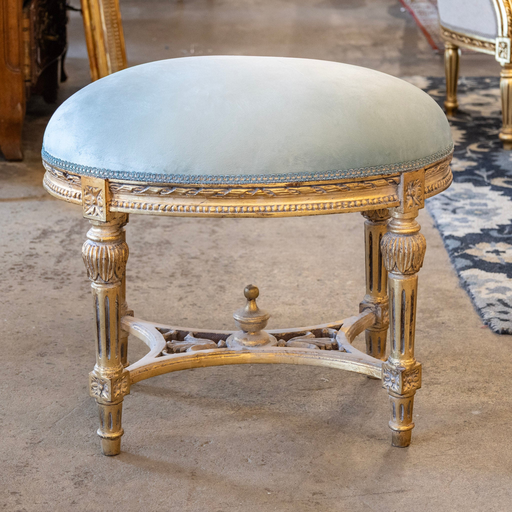 Louis XVI Gilded Oval Stool – Light Blue Velvet Seat – Le Chateau