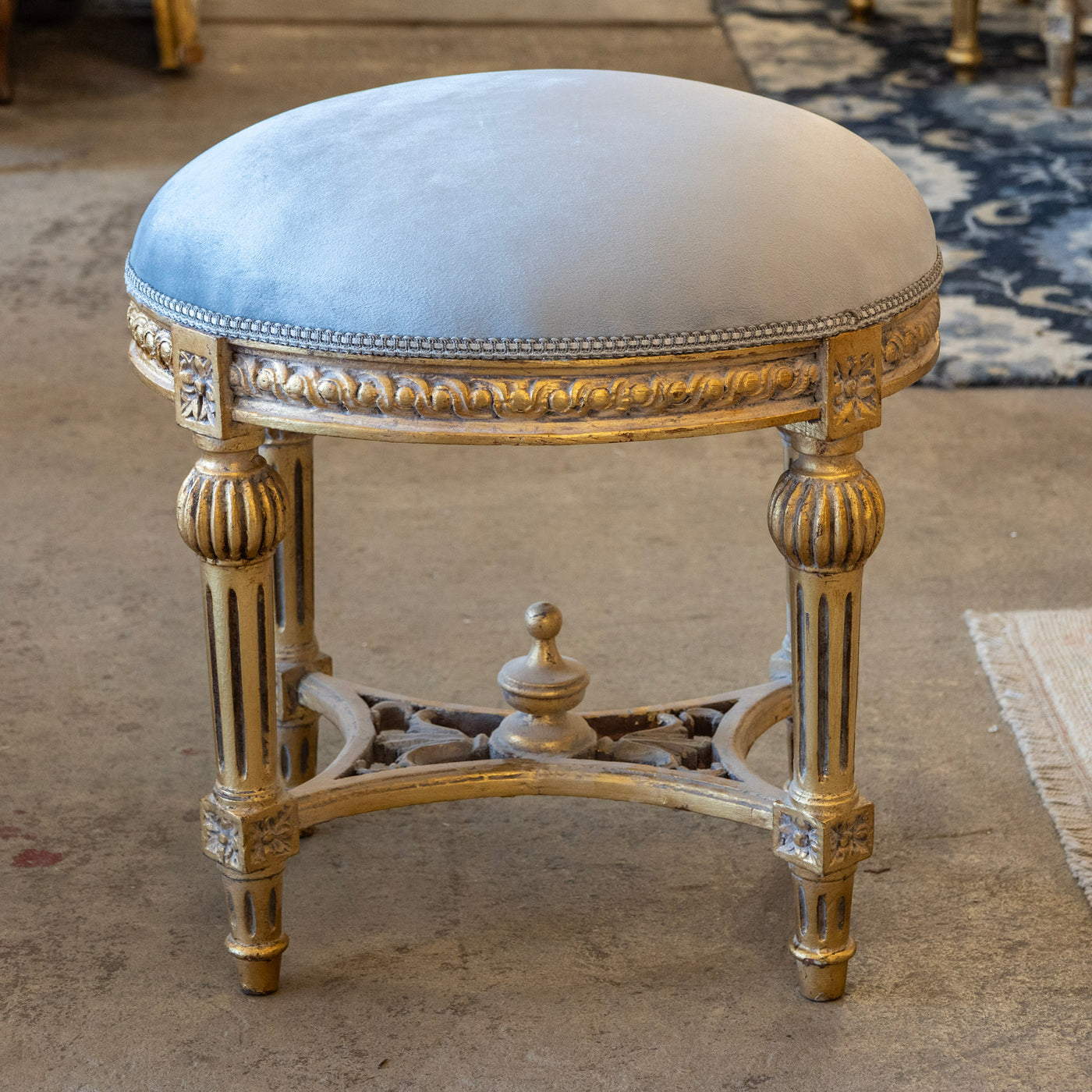 Louis XVI Gilded Round Stool – Muted Blue Velvet Seat