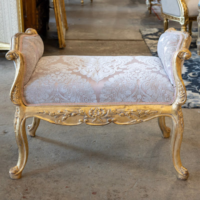 Louis XV Gilded Vanity Bench – Pink Damask Upholstery