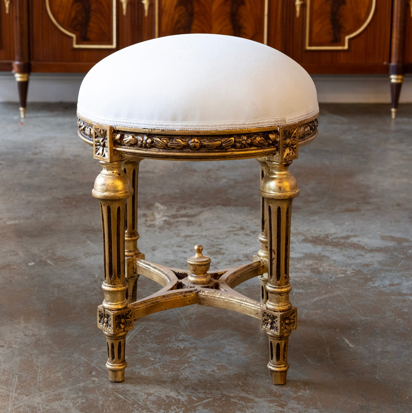 Louis XVI Gilded Round Stool – White Velvet Upholstery