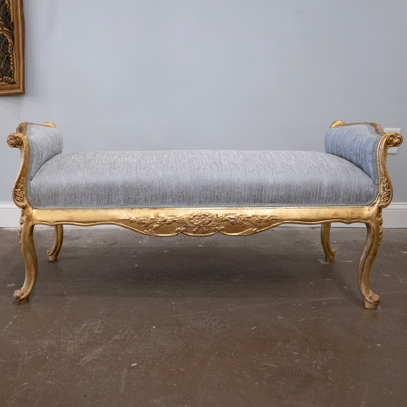 Louis XV Gilded Bench – Carved & Blue Silk Weave Upholstery