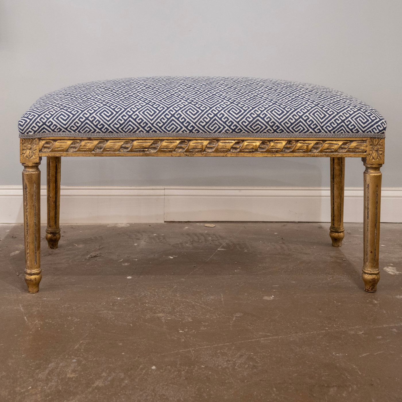 Louis XVI Gilded Bench – Blue & White Greek Key Linen Upholstery