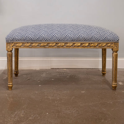Louis XVI Gilded Bench – Blue & White Greek Key Linen Upholstery