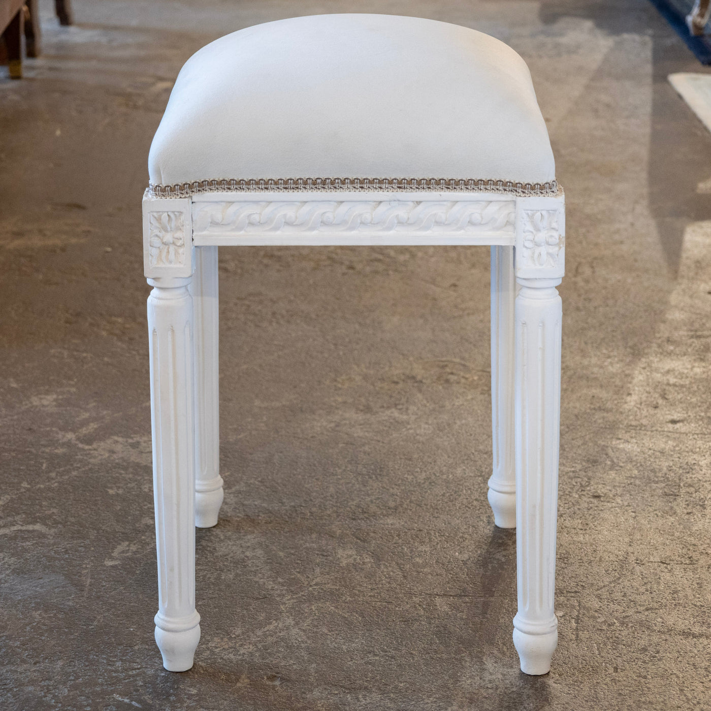Louis XVI White Painted Stool – White Velvet Upholstery