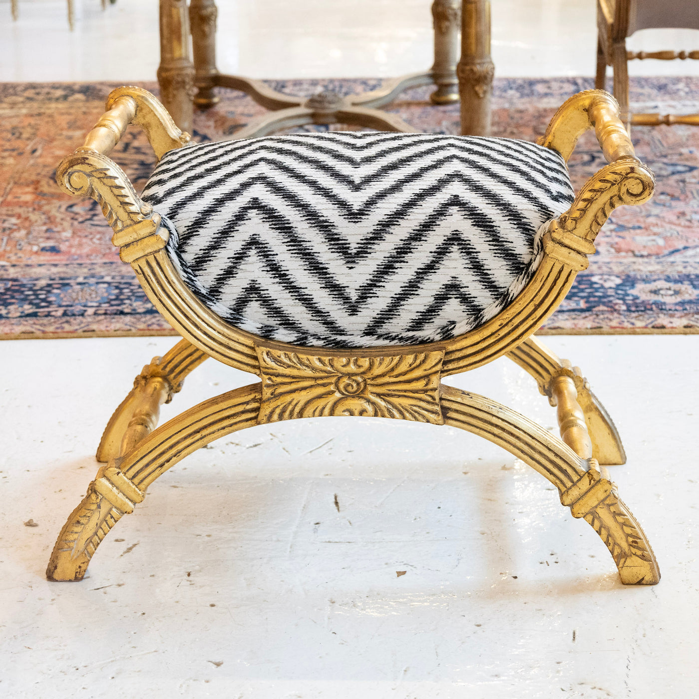 Gilded Boudoir Stool – Black and White Linen Chevron Upholstery