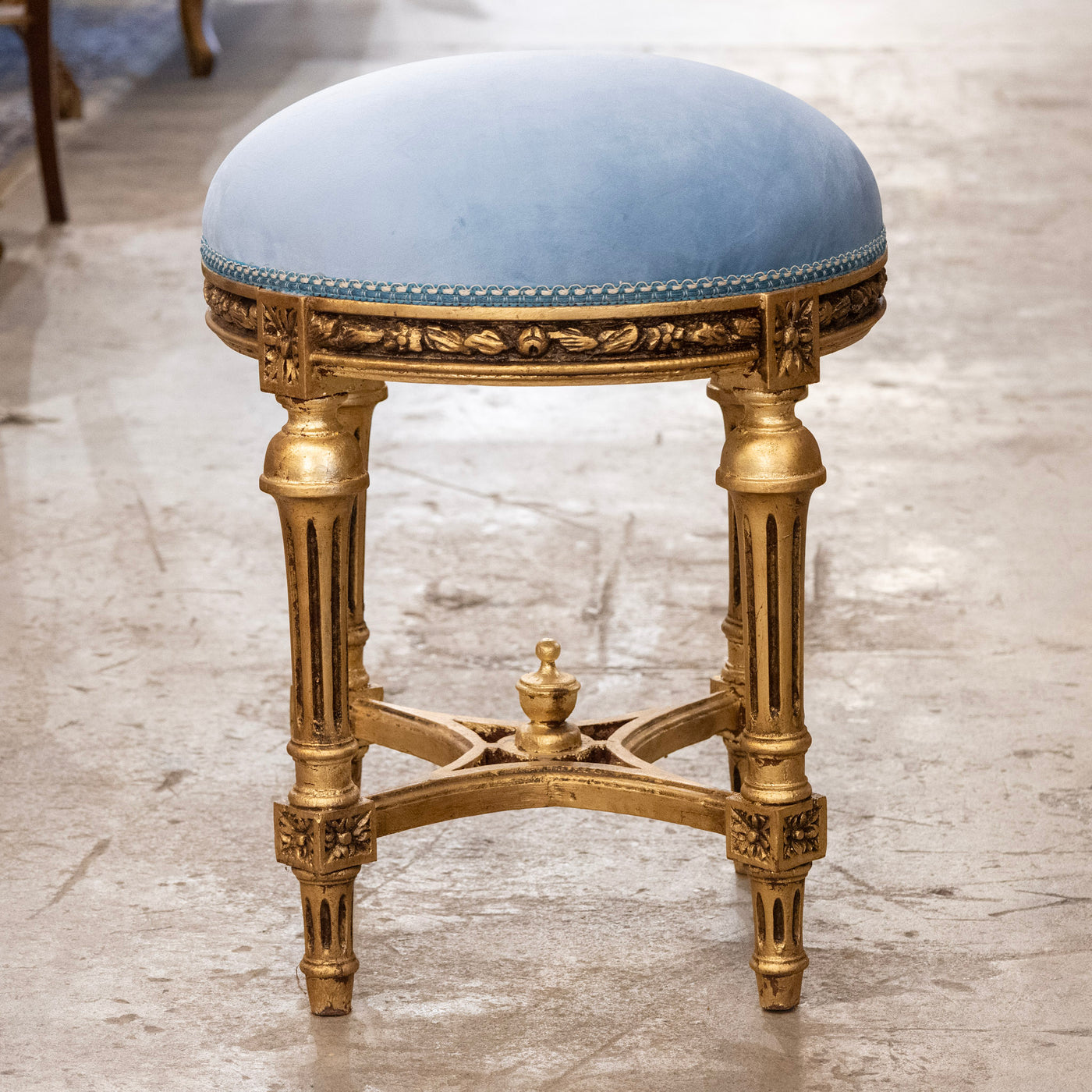 Louis XVI Round Gilded Stool – Powder Blue Velvet Upholstery