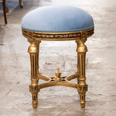 Louis XVI Round Gilded Stool – Powder Blue Velvet Upholstery