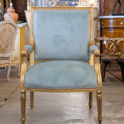 Louis XVI Captain Chair in Blue – Gilded Frame & Velvet Upholstery