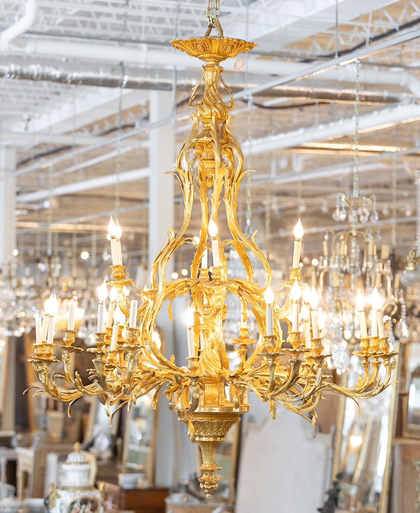 Louis XVI Gilded Brass Candelabra Chandelier with Leaf Trim