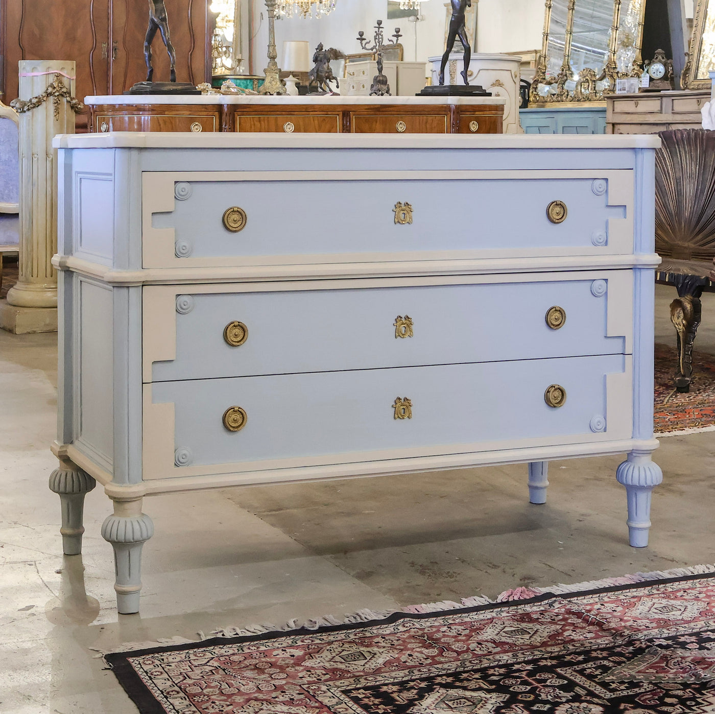 Swedish Blue 3-Drawer Chest – Large Brass Pulls & Ballerina Legs – Le  Chateau